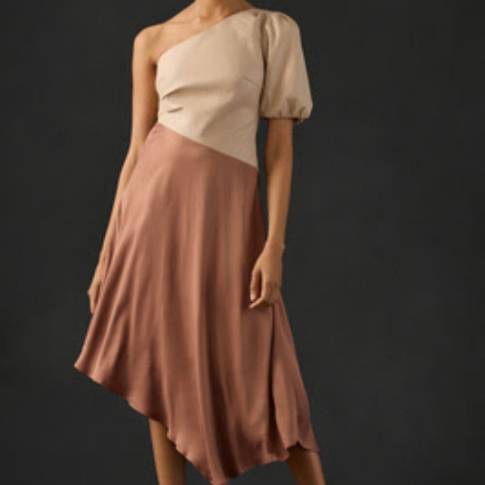 By Anthropologie Faux Leather One-Shoulder Asymmetrical Midi Dress